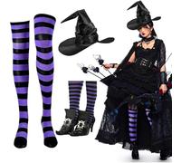 Bemonew 1 ensemble de costumes de sorcière d'Halloween comprenant des couvre-chaussures sorcière noires, un chapeau et des chaussettes hautes rayées, un accessoire costume effrayant pour Halloween