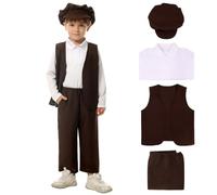 Bemonew Costume victorien pour garçon de 7 à 9 ans - 1 ensemble vintage avec gilet, chapeau, pantalon, chemise - Tenue coloniale pour enfants - Taille M