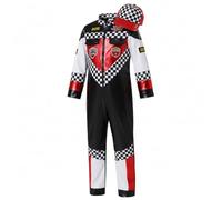 Bemonew Déguisement de pilote de course pour enfant combinaison course avec casquette idéal pour les fêtes et les déguisements motif à carreaux rouges noirs et blancs taille S.