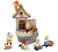 Bemonew Maison de fée solaire avec nains de jardin en forme de château enchanté, maison de jardin en résine étanche, champignon et petites figurines de nains pour décoration extérieure
