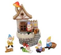 Bemonew Maison de fée solaire avec nains de jardin en forme de château enchanté, maison de jardin en résine étanche, champignon et petites figurines de nains pour décoration extérieure