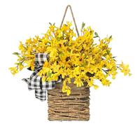 Bemonew Panier de porte d'entrée, couronne de fleurs sauvages artificielles, printemps été, panier de porte suspendu avec nœud, jaune, 40,6 cm
