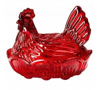 Bemonew Plat en verre poule sur nid, plat à bonbons avec couvercle, bol à bonbons en forme de poulet pour le bureau, décoration de cuisine, rouge