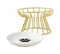Bemonew Plat pour Chat surélevé en céramique avec Support en métal, Assiette pour Chat en céramique Anti-vomissement, Bol surélevé avec Support pour et Petits Chiens, doré, Assiette pour Pattes