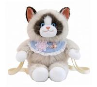 Bemonew Sac à dos animal, peluche chat Ragdoll mignon avec bavoir en dentelle, sac en peluche à double usage pour les sorties et un usage quotidien, marron clair