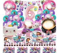 Bemoseng 102 PCS Decoration Anniversaire Baby Chat 6 Ans, Vaisselle de Fête Décoration d'anniversaire Enfant, Vaisselle de Fête D'anniversaire de Dessin Animé Chat, Ballons Anniversaire pour Enfants