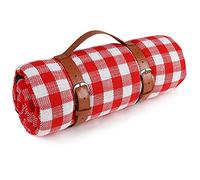 Ben & Bel Couverture de pique-nique étanche et résistante au sable pliable et portable avec poignée en cuir synthétique pour activités de plein air, voyage, camping, rouge et blanc, 150 x 200 cm XL