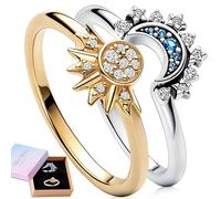 Benaton 2 Élégant Ensemble de Bagues Soleil et Lune Bicolore Avec Coffret Cadeau, Bagues Motif Lune Soleil Plaqué Bague Or en Argent Promesse Couple Bague Rings pour Femme Cadeau de Promesse Couple