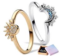Benaton 2 Élégant Ensemble de Bagues Soleil et Lune Bicolore Avec Coffret Cadeau, Bagues Motif Lune Soleil Plaqué Bague Or en Argent Promesse Couple Bague Rings pour Femme Cadeau de Promesse Couple