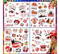 Benaton 4 Feuilles de Costume de Carnaval de Cologne Tatouages pour Le Visage Carnaval, Tatouage pour Visage Rouge Blanc Tatouage Temporaire Fête à Déguisement Thème et Carnaval Enfants et Adultes