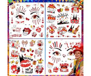 Benaton 4 Feuilles de Costume de Carnaval de Cologne Tatouages pour Le Visage Carnaval, Tatouage pour Visage Rouge Blanc Tatouage Temporaire Fête à Déguisement Thème et Carnaval Enfants et Adultes
