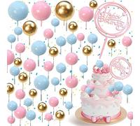 Benaton 50 Pièces Boule Gâteau Topper Mini Ballons, Balle Gâteau Topper Topper à Gâteau d’Insert DIY Boules de Fausses Perles, Cupcakes Toppers Ballons Ronds en Mousse(Bleu/Rose/Or)