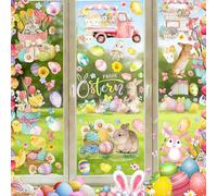 Benaton 9 Feuilles Pâques Printemps Autocollants de Fenêtre, Décorations de Fenêtre de Porte de Pâques en PVC Électrostatiques Réutilisables, Lapins Poulet Papillon Fleur Oeuf de Pâques Autocollants
