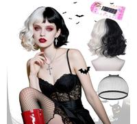 Benaton Cruella de Vil Perücke, Halb Schwarz Und Halb Weiß Kurzes Lockiges Haar, Mitte Halb Schwarz und Halb Weie Damen Kurz Percke fr Cosplay, Halloween, Karneval, Party(Mit Clips und Haarnetze