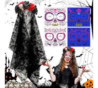 Benaton Voile de la mort d'Halloween Serre-tête avec roses Halloween, dia de los muertos deguisement, Fête Jours Des Morts Carnaval Cosplay Voile (2 Fluorescence Autocollants)