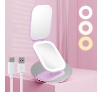 Benbilry Miroir de voyage compact éclairé avec 3 lumières de couleur et grossissement 1X/3X, miroir de poche rechargeable ultra fin pour sac à main, 2 côtés, portable, pliable, violet