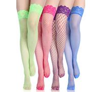 Bencailor 4 Paires Bas Résille en Dentelle Bas Autofixants Transparents en Silicone pour Femme(Bleu, Vert, Rose, Violet)
