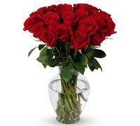 Benchmark Bouquets - 24 roses rouges de qualité supérieure (vase en verre inclus) - Fleurs fraîches pour la livraison - Cadeau pour Pâques, fête des mères, anniversaire, anniversaire de mariage,