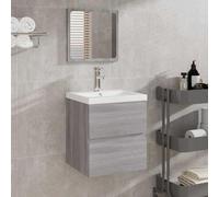 Bendmaxx Armoire de salle de bain avec miroir gris Sonoma - 41 x 38,5 x 45 cm - Avec lavabo - Tiroir de rangement - Organiseur pour salle de bain, WC, chambre d'amis