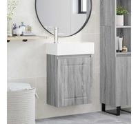 Bendmaxx Meuble de salle de bain gris Sonoma avec lavabo en céramique et robinet mitigeur, montage mural, espace de rangement, porte réversible, design moderne, peu encombrant