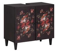 Bendmaxx Meuble sous lavabo en bois de manguier massif avec motif floral, multicolore, 62 x 33 x 58 cm, 1 porte, poignées en laiton, meuble de salle de bain pour rangement et rangement