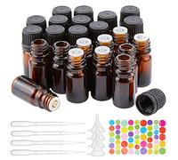 BENECREAT 24 Pack Bouteille en Verre ambré de 5ml avec réducteur d'orifice Bouteille d'huile Essentielle Vide Rechargeable avec Compte Gouttes 10PCS, trémies 4PCS et étiquettes 54PCS