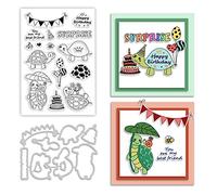 BENECREAT 2pcs Anniversaire Tortues Matrices à Découper et Jeux de Timbres, Tortues Ballons Gâteaux d'anniversaire Pochoirs de Découpe en Métal Tampon Transparent pour la Fabrication de Cartes