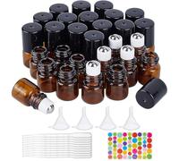 BENECREAT 30 Pack 1ml Bouteille en verre ambré avec bouchon noir Mini rouleau d'huile essentielle sur bouteille avec 4 trémies, 1 ouvre pièce, 10 compte gouttes et 1 feuille d'étiquette