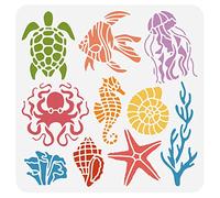 BENECREAT Pochoir Peinture Créatures Marines, Tortue Pieuvre Méduse Conque Corail Océan Créatures Pochoirs Modèle pour Bricolage Artisanat Scrapbook Mur Décor à la Maison, 30x30 cm