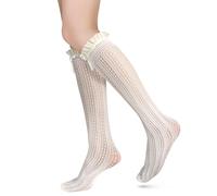 Benefeet Sox Chaussettes montantes en dentelle pour femme - Bas en résille - Noir et blanc, Volants en dentelle blanc cassé, taille unique
