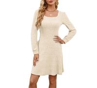 Beneficiak Robe d'automne décontractée à manches longues et col carré pour femme avec poches, abricot, S