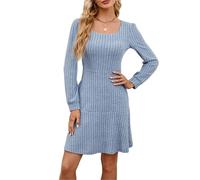 Beneficiak Robe d'automne décontractée à manches longues et col carré pour femme avec poches, bleu clair, M