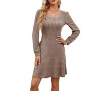 Beneficiak Robe d'automne décontractée à manches longues et col carré pour femme avec poches, kaki, M