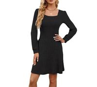 Beneficiak Robe d'automne décontractée à manches longues et col carré pour femme avec poches, Noir , M