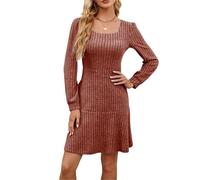 Beneficiak Robe d'automne décontractée à manches longues et col carré pour femme avec poches, Rouge, L
