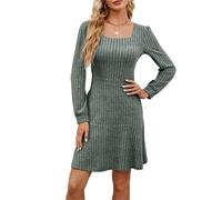 Beneficiak Robe d'automne décontractée à manches longues et col carré pour femme avec poches, Vert, XL