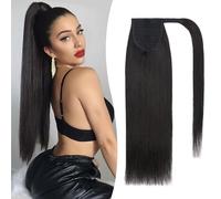 Benehair Extension Queue de Cheval Cheveux Natural, 95g Extension Queue de Cheval Cheveux Humain, Vrais Cheveu Wrap Around Extensions, Noir Naturel Ponytail de Cheveu pour Femmes, 50CM #1B