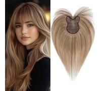 Benehair Topper de Cheveux en Vrais Cheveux pour Femme, Vrais Cheveux French Frange, Hair Toppers pour Cheveux Fins, Base de Dentelle, 100% de Vrais Cheveux à Pince 11 Pouce Brun Foncé Mix Blond Foncé