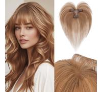 Benehair Topper de Vrais Cheveux pour Femme, 100% Humain Chevelure Avec une Frange, 13g Toppers pour aux Cheveux Fins, 9x12 Base de Dentelle Vrais Chevelure à Pince, 28CM Brun Clair #6