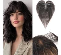 Benehair Topper de Vrais Cheveux pour Femme, 100% Humain Chevelure Avec une Frange, 13g Toppers pour aux Cheveux Fins, 9x12 Base de Dentelle Vrais Chevelure à Pince, 28CM Noir Naturel #1B
