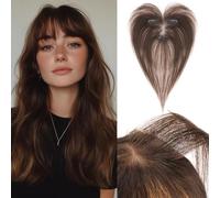 Benehair Topper de Vrais Cheveux pour Femme, 100% Humain Chevelure Avec une Frange, 13g Toppers pour aux Cheveux Fins, 9x12 Base de Dentelle Vrais Chevelure à Pince, 28CM Brun Moka #2R