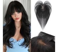 Benehair Topper de Vrais Cheveux pour Femme, 100% Humain Chevelure Avec une Frange, 14g Toppers pour aux Cheveux Fins, 7x11 Base de Dentelle Vrais Chevelure à Pince, 28CM Noir Naturel #1B