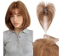 Benehair Topper de Vrais Cheveux pour Femme, 100% Humain Chevelure Avec une Frange, 14g Toppers pour aux Cheveux Fins, 7x11 Base de Dentelle Vrais Chevelure à Pince, 28CM Brun Clair #6