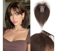 Benehair Topper de Vrais Cheveux pour Femme, 100% Humain Chevelure Avec une Frange, 20g Toppers pour aux Cheveux Fins, 8x11 Base de Dentelle Vrais Chevelure à Pince, 25CM Brun Moka #2R