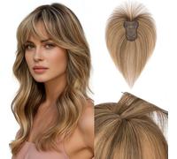 Benehair Topper de Vrais Cheveux pour Femme, 100% Humain Chevelure Avec une Frange, 20g Toppers pour aux Cheveux Fins, 8x11 Base de Dentelle Vrais Chevelure à Pince, 25CM Brun Foncé/Blond Foncé #4P27
