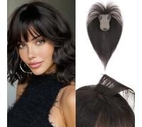 Benehair Topper de Vrais Cheveux pour Femme, 100% Humain Chevelure Avec une Frange, 20g Toppers pour aux Cheveux Fins, 8x11 Base de Dentelle Vrais Chevelure à Pince, 25CM Noir Naturel #1B