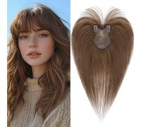 Benehair Topper de Vrais Cheveux pour Femme, 100% Humain Chevelure Avec une Frange, 21g Toppers pour aux Cheveux Fins, 8x11 Base de Dentelle Vrais Chevelure à Pince, 28CM Brun Foncé #4