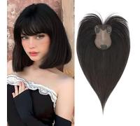 Benehair Topper de Vrais Cheveux pour Femme, 100% Humain Chevelure Avec une Frange, 21g Toppers pour aux Cheveux Fins, 8x11 Base de Dentelle Vrais Chevelure à Pince, 28CM Noir Naturel #1B