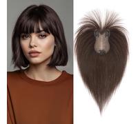 Benehair Topper de Vrais Cheveux pour Femme, 100% Humain Chevelure Avec une Frange, 21g Toppers pour aux Cheveux Fins, 8x11 Base de Dentelle Vrais Chevelure à Pince, 28CM Brun Moka #2R