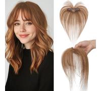 Benehair Topper de Vrais Cheveux pour Femme, 100% Humain Chevelure Frange Français, 9g Toppers pour aux Cheveux Fins, 5x12 Base de Dentelle Vrais Chevelure à Pince, Brun Clair #6